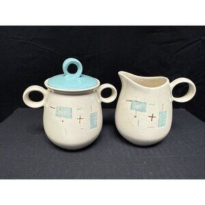 Heavenly Days Vernon Ware Cream & Sugar Set With Turquoise Lid VTG 1955-1965 USA